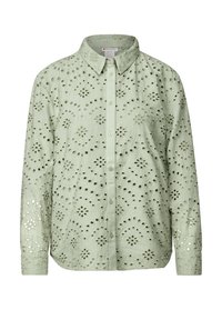 Camicia verde chiaro con colletto strutturato e maniche lunghe, realizzata in tessuto con complessi motivi a intaglio.