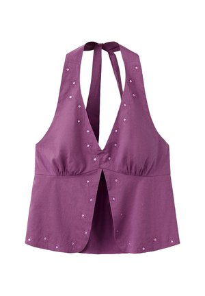 Top à col halter violet avec un décolleté en V plongeant, une fente devant et de petits motifs floraux brodés le long de l'encolure et de l'ourlet.