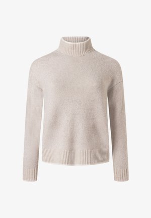 Jasnobeżowy sweter z golfem wykonany z miękkiej tkaniny o fakturze, z prążkowanymi mankietami i dolnym brzegiem, o luźnym kroju i długich rękawach.