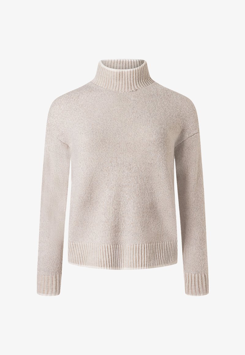 Jasnobeżowy sweter z golfem wykonany z miękkiej tkaniny o fakturze, z prążkowanymi mankietami i dolnym brzegiem, o luźnym kroju i długich rękawach.