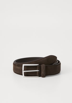 Brown suede belt with a silver rectangular buckle. The belt features a smooth texture and a clean design, suitable for various outfits.