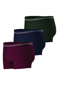 Trois paires de boxers en bordeaux, bleu marine et vert foncé. Tissu en coton doux avec une ceinture élastique de marque.