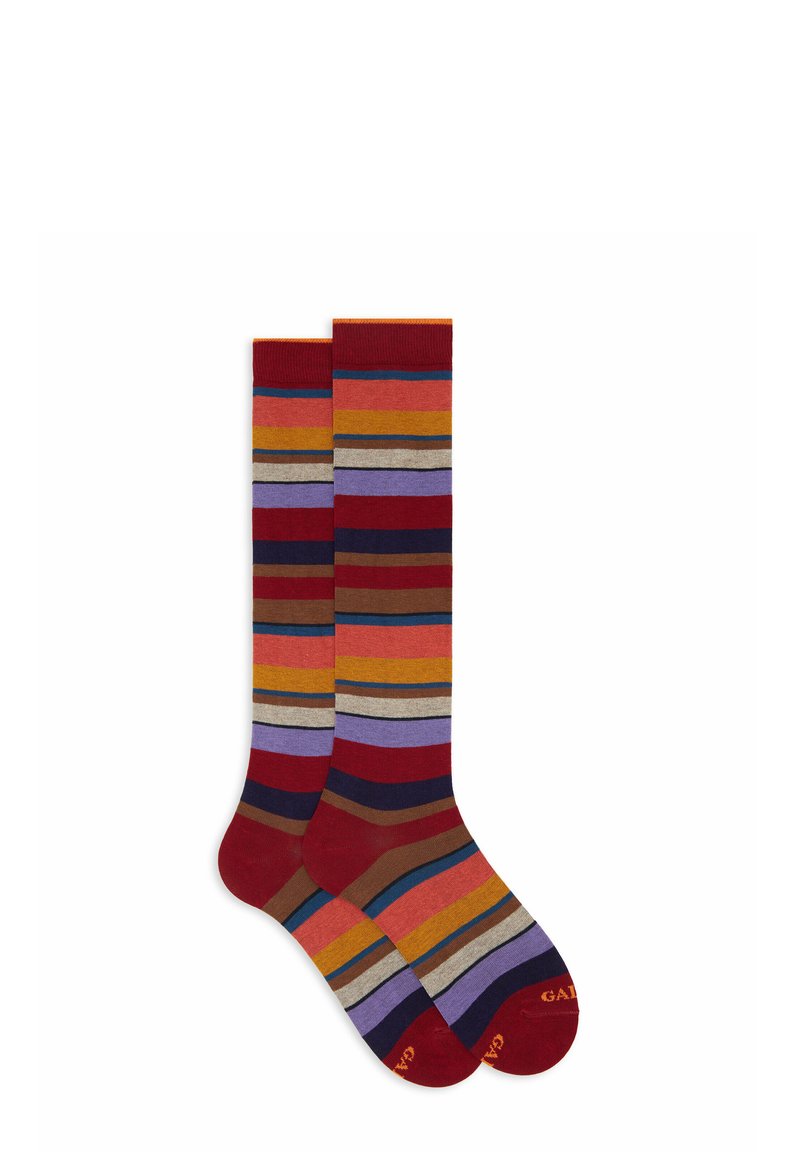 Calze a righe fino al ginocchio di diversi colori tra cui rosso, oro, viola e marrone. Realizzate in un materiale morbido e testurizzato.