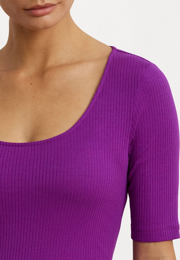 Rib Knit Cotton Blend Elbow Sleeve Tee - Basic T-shirt - purple dawn2