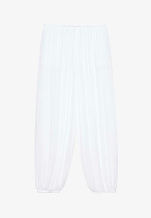 Biele ľahké plisované nohavice s elastickým pásom a nohavicami, vybavené sťahovacou šnúrkou vpredu.