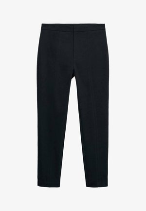 Čierne nohavice s úzkym strihom, vyrobené z hladkej tkaniny. Majú prešité predné švy a skrátenú dĺžku, bez viditeľného kovania alebo vreciek.