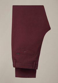 Bordowe spodnie wykonane z tkanej bawełny, z jedną kieszenią z tyłu, detalem w postaci guzików oraz z wykończeniem na mankietach dla uzyskania eleganckiego wyglądu.