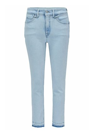 Jean en denim bleu clair avec taille haute, coupe slim, design à cinq poches et décoloration subtile. Dispose d'une fermeture classique à bouton et zip.