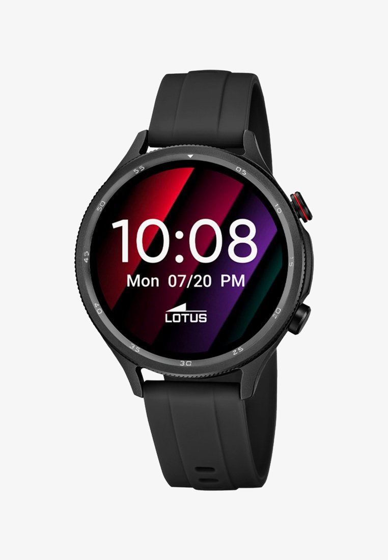 Czarny smartwatch z cyfrowym wyświetlaczem pokazującym godzinę 10:08, datę poniedziałek 20.07 PM oraz logo Lotus na gradientowym tle czerwono-fioletowo-czarnym.