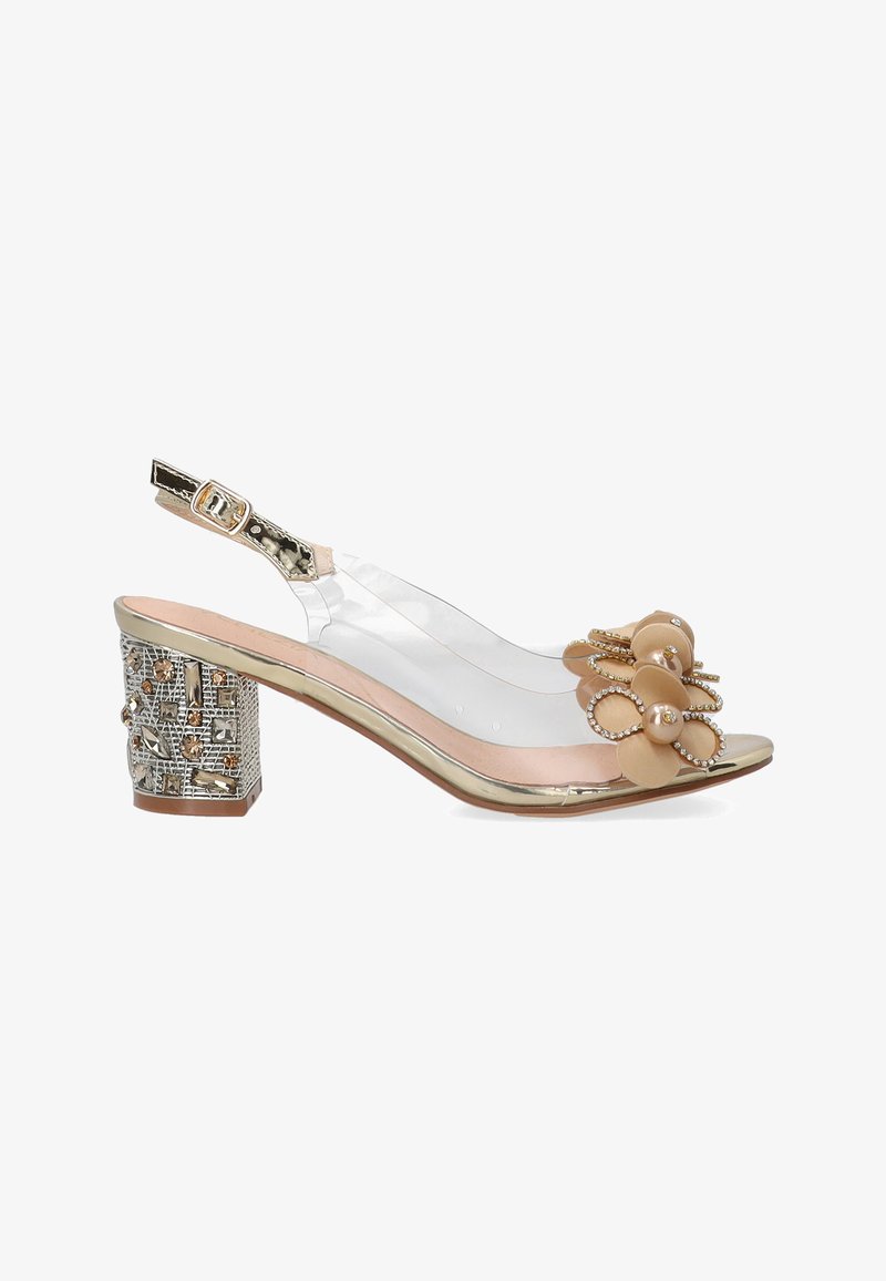 Duidelijke sandaal met een transparante bovenkant, beige bloemdecoraties en een blokhak met metalen accenten, versierd met ingewikkelde patronen.