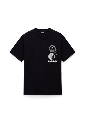 Black cotton t-shirt with a round neck, short sleeves, and three white graphic prints featuring logos and mountain motifs on the front.