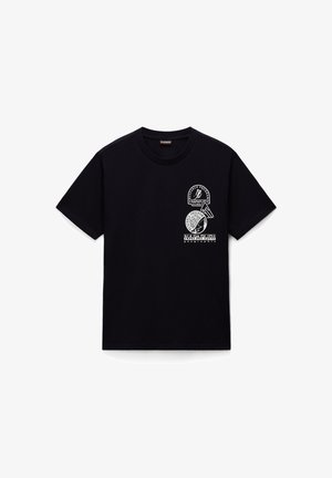 Czarny bawełniany t-shirt z okrągłym dekoltem, krótkimi rękawami i trzema białymi grafikami przedstawiającymi logo oraz motywy górskie z przodu.