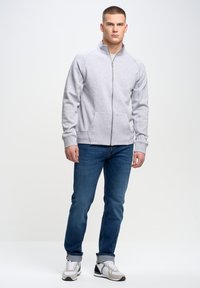 Szara bluza z zamkiem i stojącym kołnierzem, z prążkowanymi mankietami, dwoma przednimi kieszeniami, w zestawie z niebieskimi dżinsami i białymi trampkami.