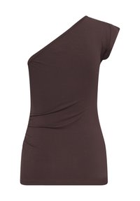 Haut sans manches marron foncé avec une épaule couverte et l'autre découverte, présentant une silhouette ajustée et des fronces latérales.