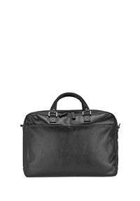 Valigia in pelle nera con due maniglie robuste, chiusura superiore con zip e hardware in metallo. Texture liscia e design minimalista.