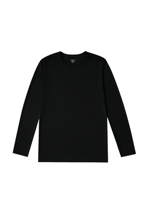 Maglietta nera a maniche lunghe con collo a giro, stesa su uno sfondo bianco, mostrando la vista frontale senza design o motivi visibili.