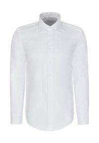 Chemise blanche à manches longues boutonnée avec un col classique sans motifs ni logos visibles, présentée sur un fond uni.