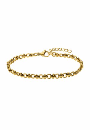 Gouden kettingarmband met ronde schakels en een karabijnsluiting met een verstelbare verlengketting op een witte achtergrond.