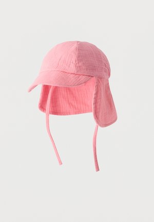 Chapeau de soleil en tissu rose texturé avec rabat de protection pour la nuque et liens sous le menton, conçu pour la protection solaire.