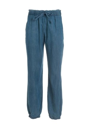 Blaue Freizeithose mit elastischem Bund, Kordelzug, Seitentaschen und elastischen Bündchen an den Knöcheln, entworfen für Komfort und eine entspannte Passform.