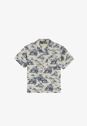 Camicia beige a maniche corte con bottoni, stampa di natura e uccelli blu navy, colletto e taschino sul petto.