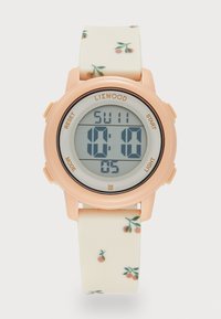 Orologio digitale con cassa in plastica arancione chiaro, cinturino bianco con piccoli motivi di frutta arancione e display LCD trasparente.