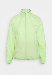 Chaqueta ligera de color verde claro, con un cuello alto, cremallera completa y dos bolsillos laterales. Presenta un logo sutil y un ribete en contraste.