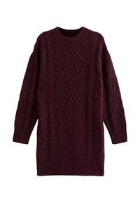 Abito maglione a intreccio color bordeaux con maniche lunghe, scollo rotondo e polsini e orlo a coste. Presenta motivi a rombi e a intreccio attorcigliato.