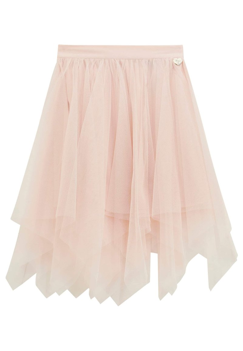 Gonna di tulle rosa chiaro, con un design a strati e un orlo asimmetrico. Vita elastica con un piccolo dettaglio a forma di cuore metallico.