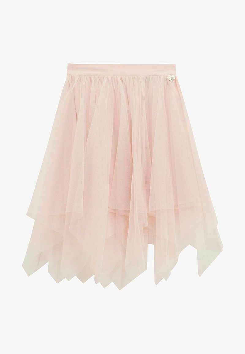 Gonna di tulle rosa chiaro, con un design a strati e un orlo asimmetrico. Vita elastica con un piccolo dettaglio a forma di cuore metallico.