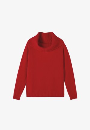 Suéter rojo con cuello alto acanalado estilo bufanda. Textura suave, mangas largas y dobladillo y puños acanalados, que ofrecen un ajuste relajado.