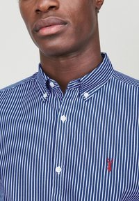 Blauw-wit gestreepte shirt met een knooploze kraag, voorzien van een rood geborduurd kreeftenlogo op de borst. Katoenen stof.