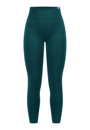 Leggings ajustados en verde azulado oscuro, fabricados con un tejido suave y elástico. Presentan una cinturilla alta con textura acanalada y sin costuras visibles.