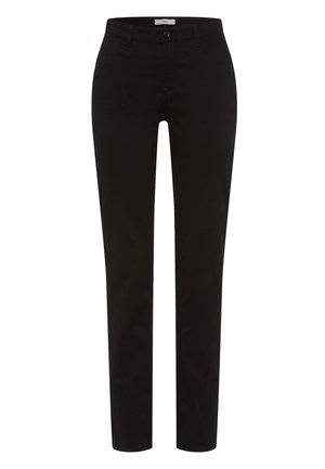 Pantaloni neri aderenti realizzati in materiale misto cotone. Presentano una chiusura con bottone, passanti per cintura e due tasche frontali. Tessuto liscio, design classico.