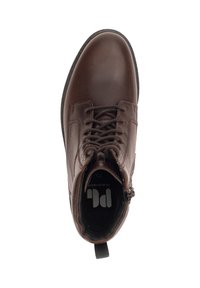 Bottines en cuir marron avec lacets, fermeture éclair sur le côté et semelle texturée. L'intérieur est doublé de noir avec un logo.