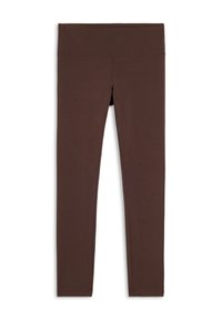 Leggings marroni realizzati in tessuto elasticizzato, con una cintura ampia, vestibilità aderente e superficie liscia senza motivi o cuciture visibili.
