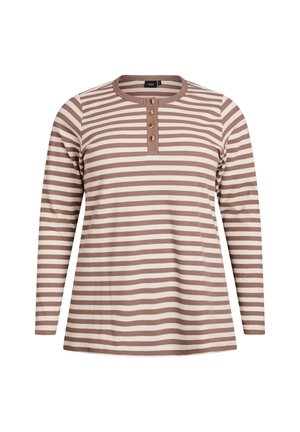 Gestreepte lange mouwen shirt in bruin en crème, met een ronde halslijn en vier decoratieve knopen bij de afsluiting. Geweven materiaal.