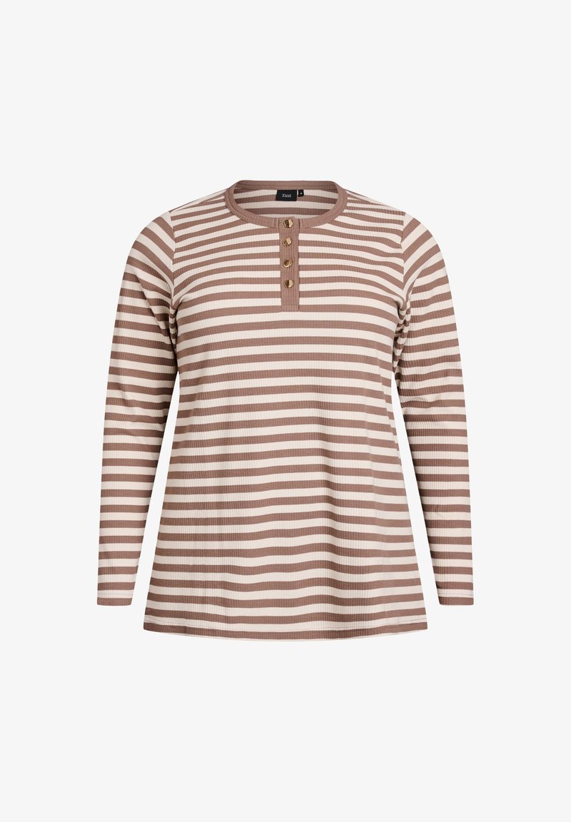 Striped long-sleeve shirt in brown and cream, featuring a rounded neckline and four decorative buttons at the placket. Textured material.