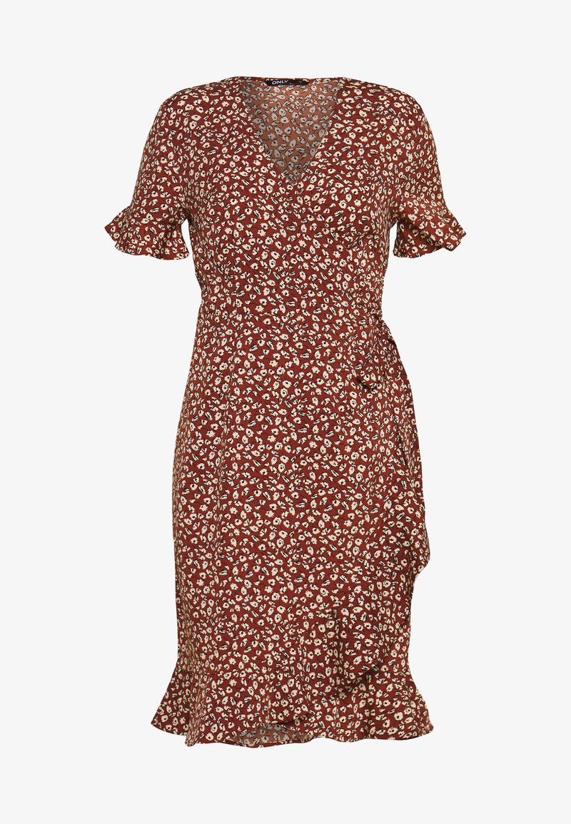 Robe style portefeuille rouge rouille avec petit motif floral blanc, manches courtes volantées, col en V et ourlet volanté.