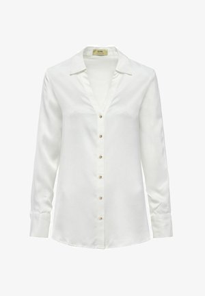 Biała koszula z długim rękawem, z dekoltem w serek, pięcioma guzikami i miękką, satynową teksturą. Posiada klasyczny kołnierzyk i prosty dół.