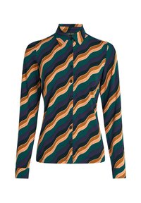 Knapp-up skjorta gjord av mjukt tyg med ett vågigt mönster i grönt, orange och brunt. Långa ärmar och klassisk kragsdesign.