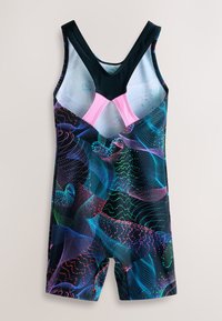 Multicolored swim suit featuring a black base with vibrant, abstract patterns. It has a racerback design with pink and black accents.
