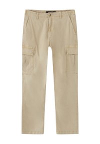 Beige cargo-housut, jotka on valmistettu puuvillasta. Niissä on neljä taskua, suorassa leikkauksessa ja vyölenkit. Suuri tekstuuri ja vahvistetut ompelut yksityiskohdat.