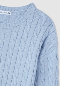 Maglione azzurro chiaro lavorato a maglia con motivo a trecce, scollatura tonda e polsini a costine. Realizzato in un morbido tessuto testurizzato per calore e comfort.