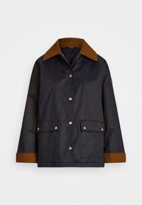 Navy waterproof jacket with a brown corduroy collar, snap buttons, two front pockets, and a logo detail on the left pocket.