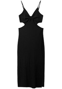 Vestido negro de canalé sin mangas con detalle en forma de lazo en el pecho y cortes laterales, con tirantes finos ajustables y una silueta ajustada.