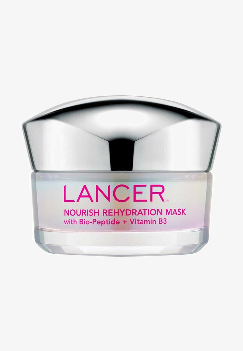 LANCER Nourish Rehydration Mask in a clear glass jar with a silver lid. Features pink text; jar shape is rounded with a smooth, glossy finish.