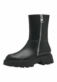 Black leather ankle boot with a smooth texture, side zipper, chunky sole, and rounded toe. Zipper has a metallic finish.