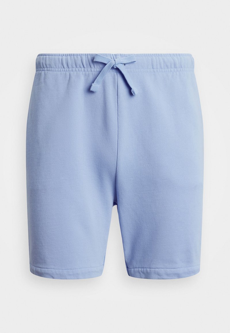 Heledad sinised lühikesed püksid pehmest kangast, millel on elastne vöökoht ja stringiga, ning volditud servad. Ilma mõnegi nähtava mustri või aktsendita.