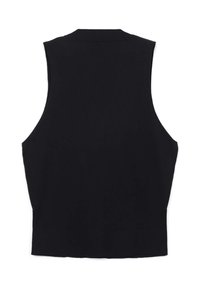 Top senza maniche nero con collo rotondo, realizzato in un tessuto liscio, caratterizzato da un orlo dritto e braccia scoperte. Design semplice e minimale.